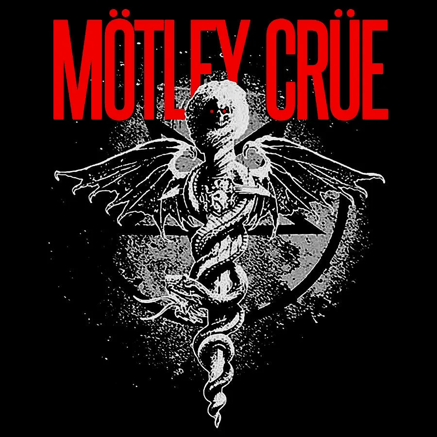 Motley Crue band logo featuring distinctive typography with metal umlauts and pentagram design variations across different eras